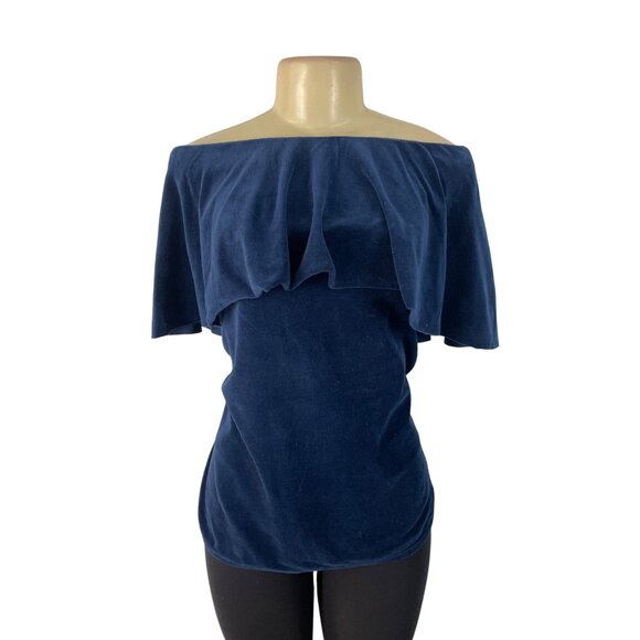Joge Womens Navy Off-Shoulder Velour Ruffle Top Stylish Blouse Sz M - Picture 1 of 7